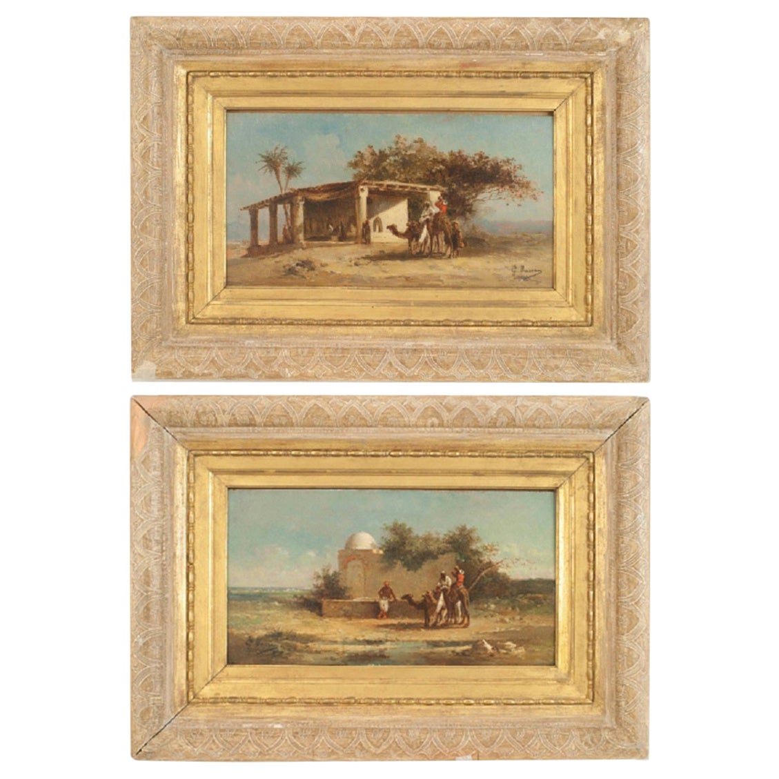 Coppia di dipinti ad olio con scene mediorientali di epoca vittoriana