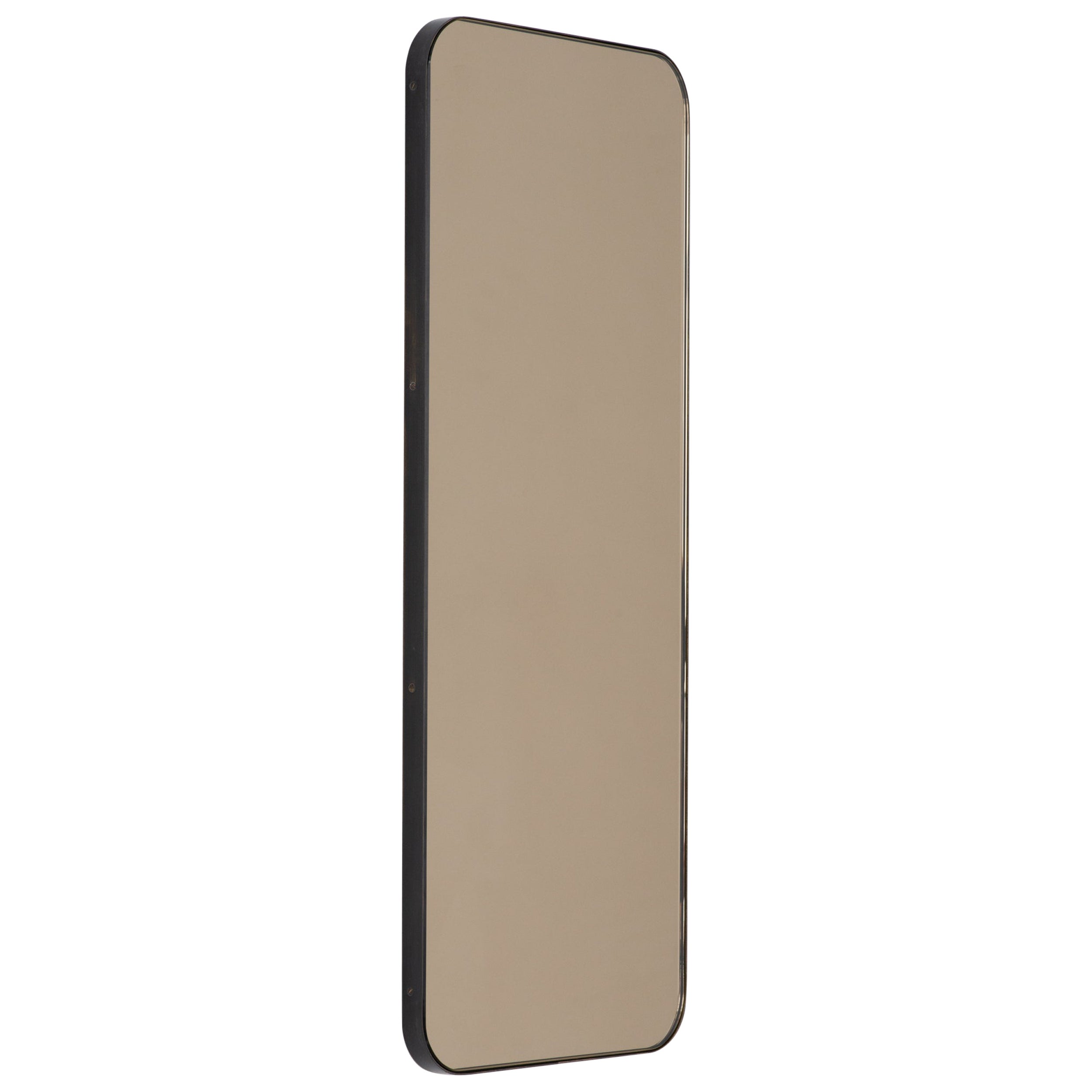 Quadris Rectangular Contemporary Bronze Mirror Bronze Patina Brass Frame, Medium