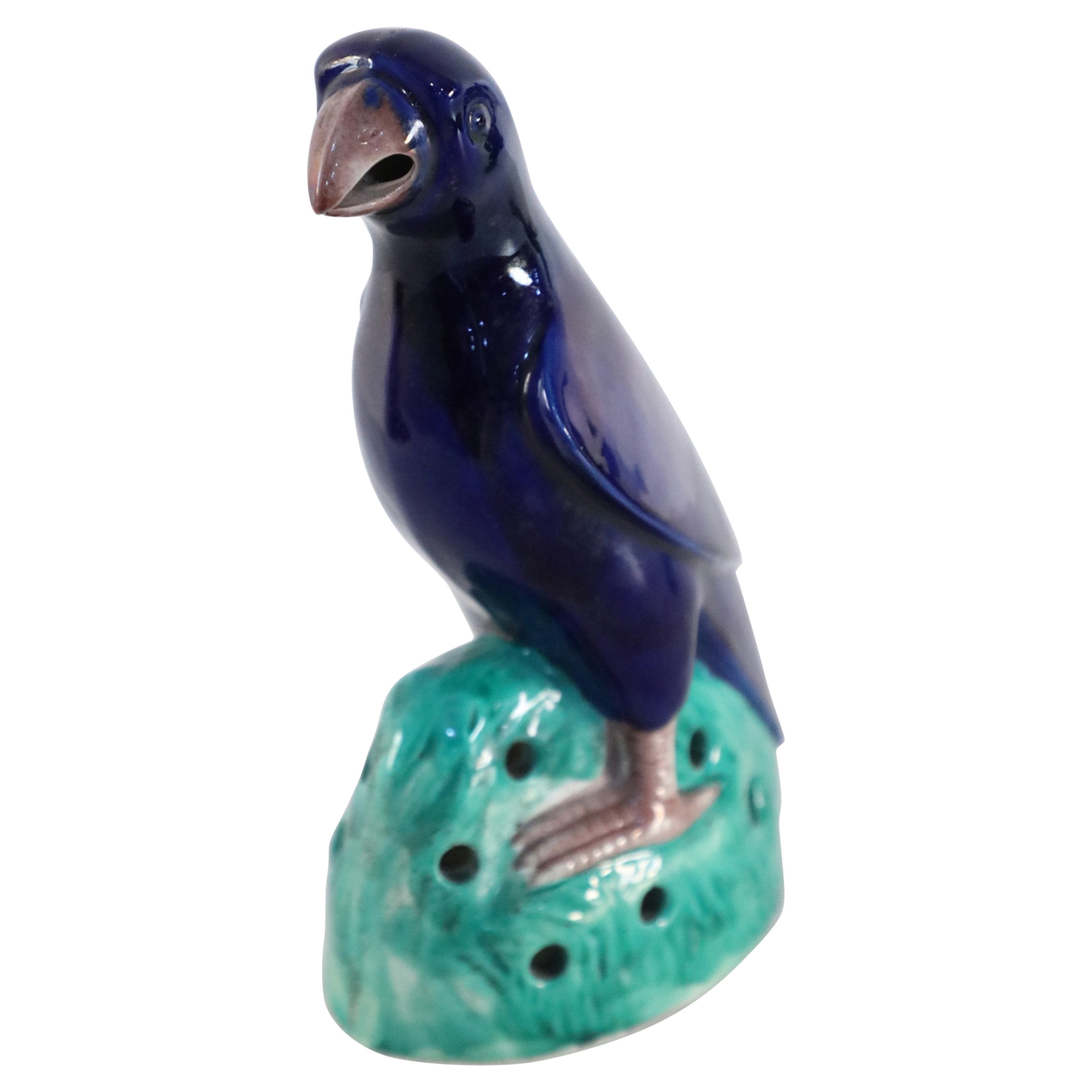 Chinese Navy Glazed Porcelain Parrot Statue For Sale