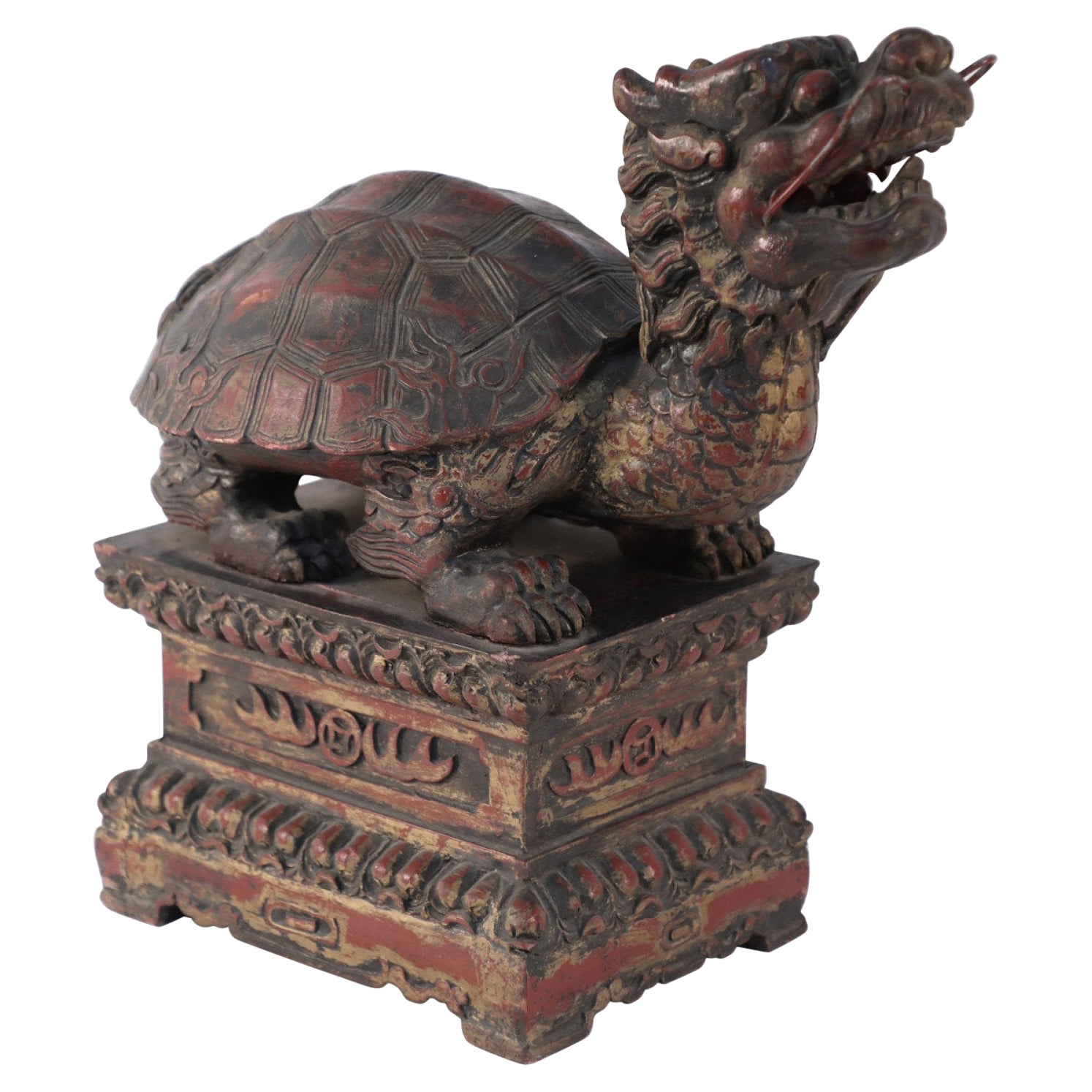 Antique Chinese Carved Wooden Longgui Dragon Turtle Sculpture