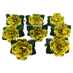 Yellow and Green Metal Tole Floral Motif Napkin Rings, Set of 8