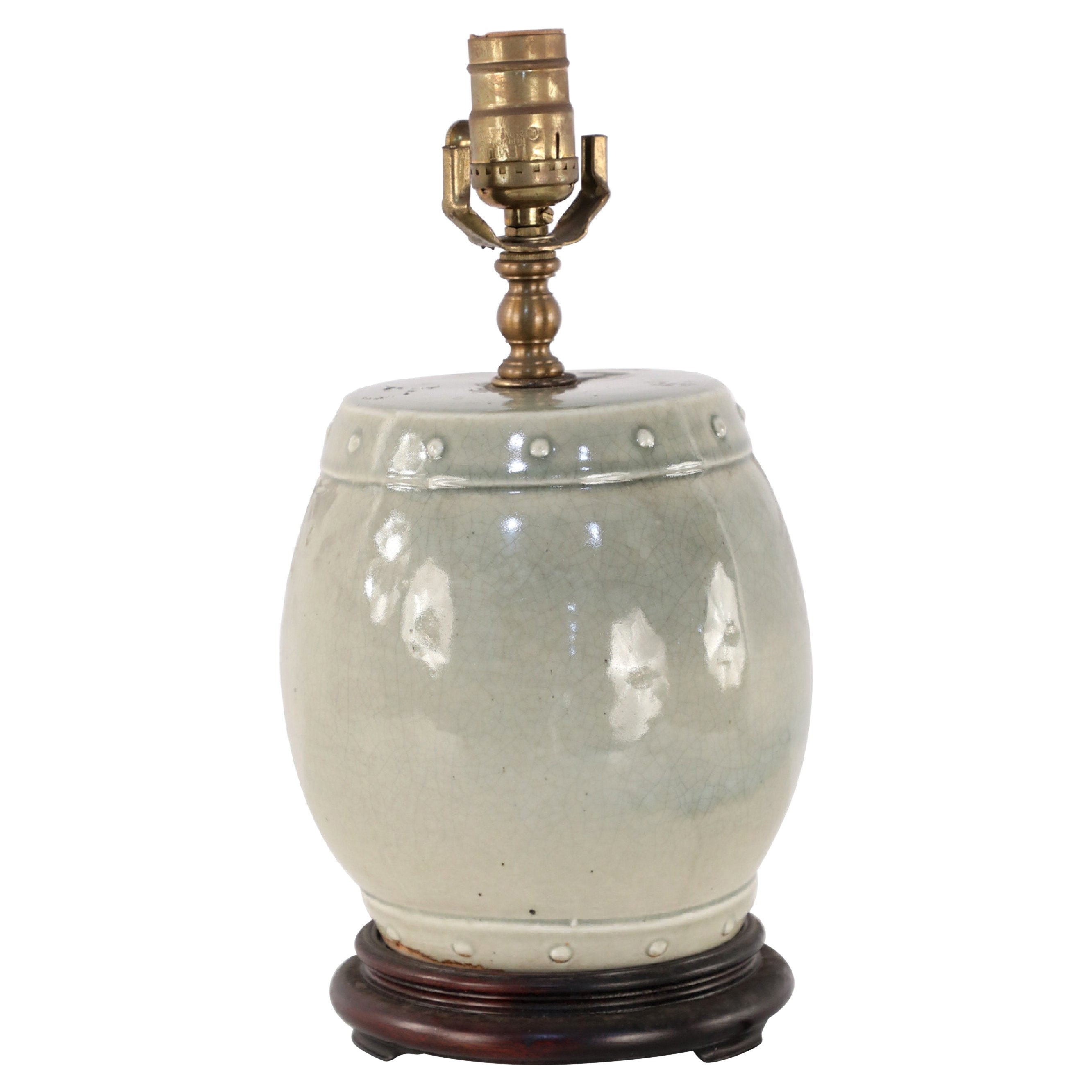 Chinese Gray Barrel Porcelain Table Lamp