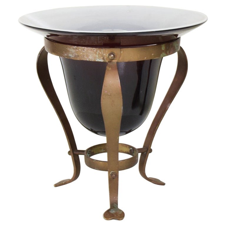 Art Deco Antique Elevated Centerpiece Glass Vase Framed in Solid Bronze