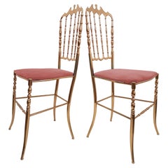 Pair of Italian Massive Brass Chairs by Chiavari, Upholstery Pink Velvet