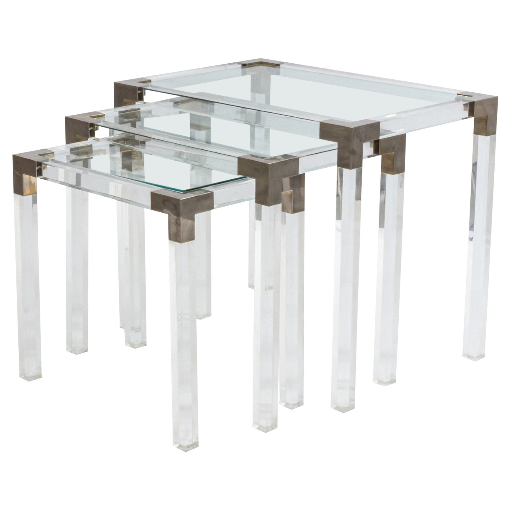 Set of 3 French Mid-Century Lucite & Metal Nesting Tables, Manner of Maison