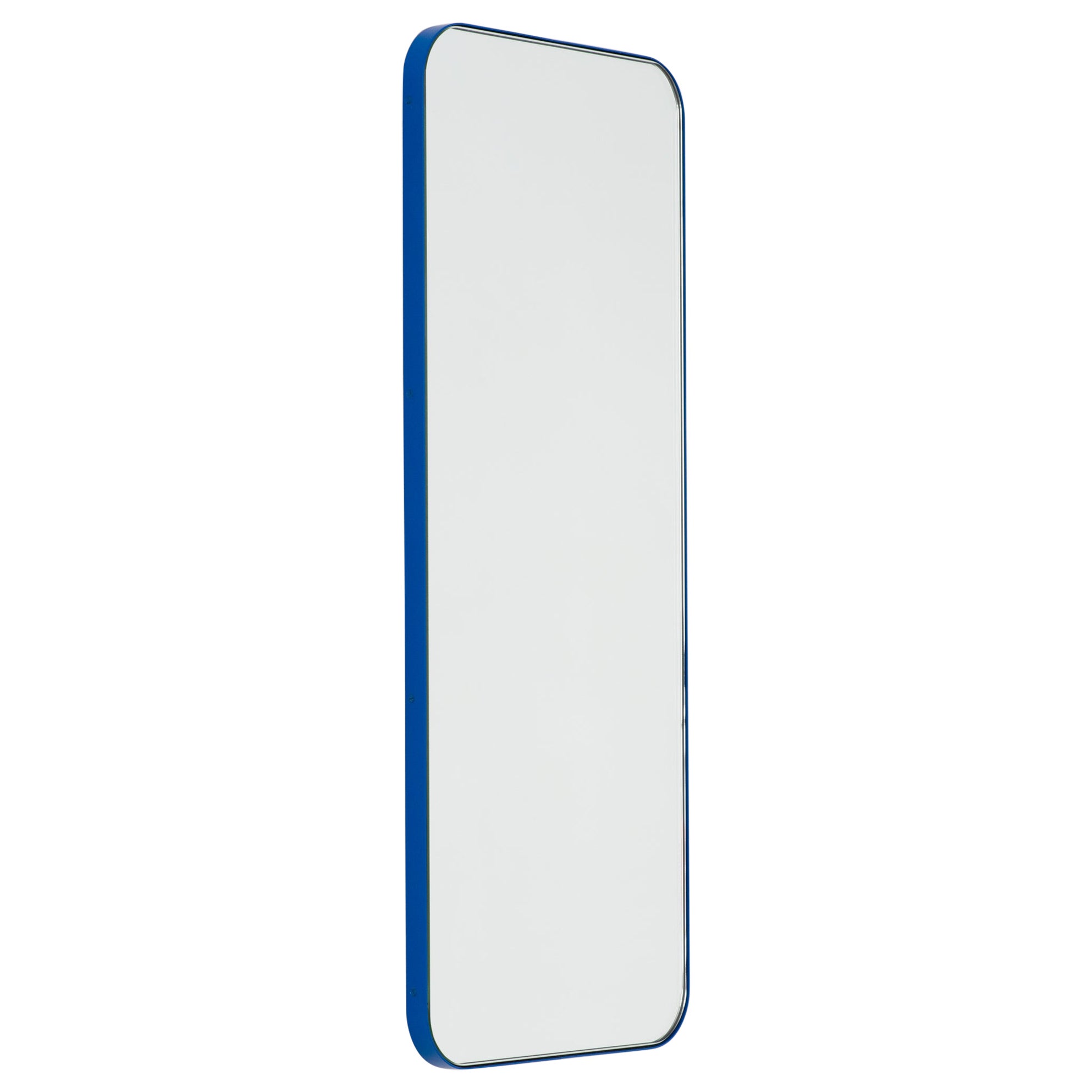 Quadris Rectangular Minimalist Mirror with a Blue Frame, Large For Sale