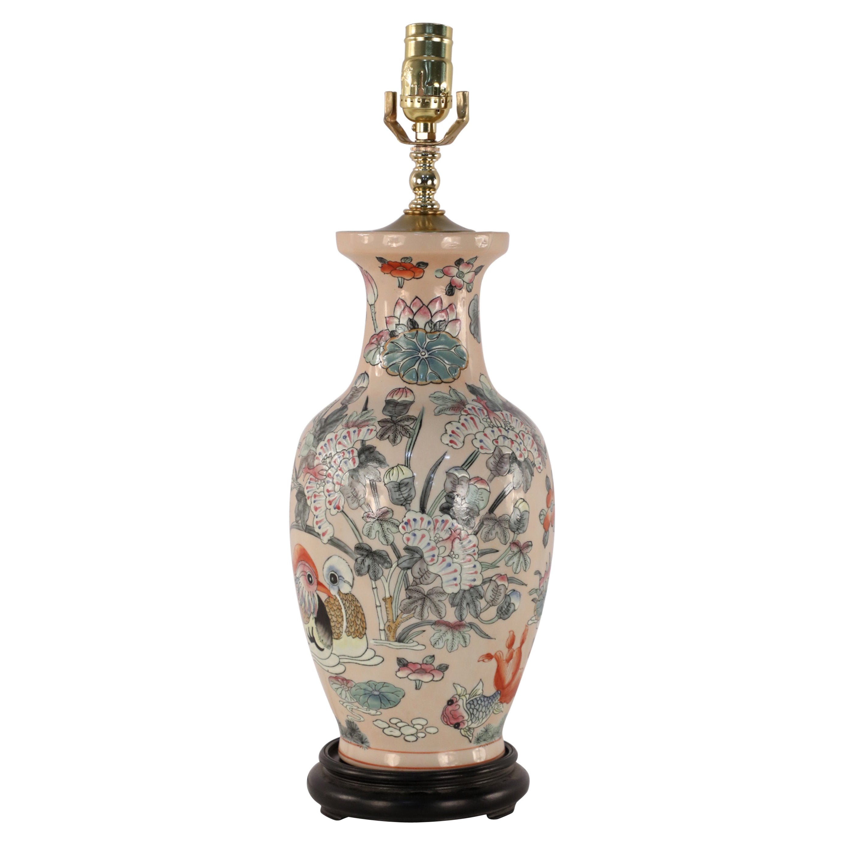 Chinese Pink Floral and Bird Design Table Lamp For Sale