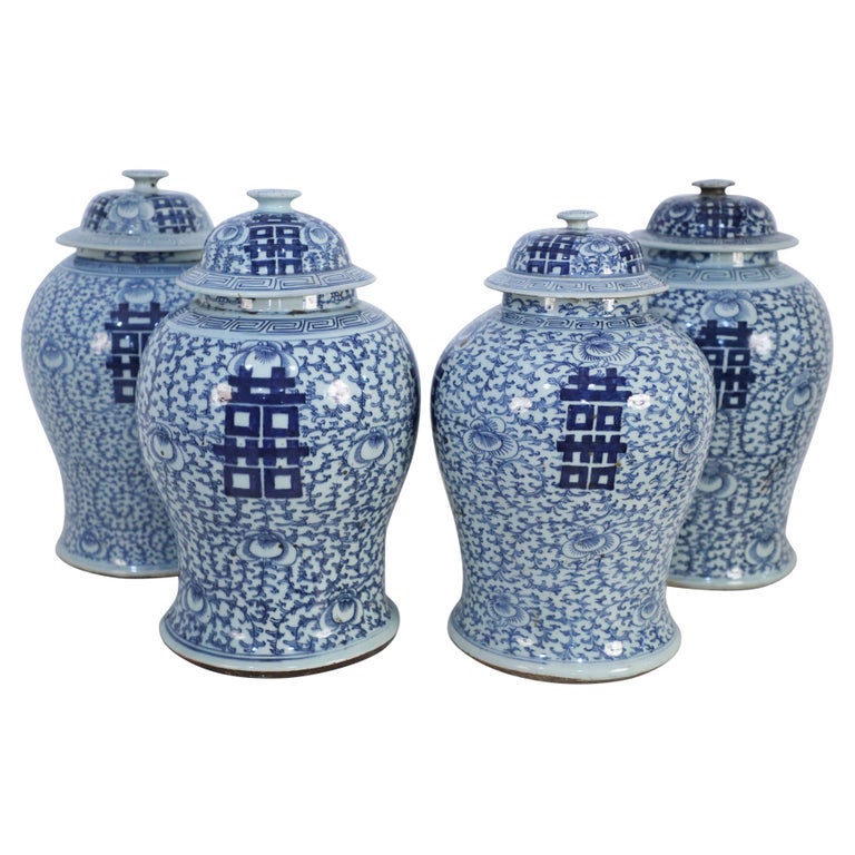Chinese Off-White and Light Blue Vine Pattern Lidded Porcelain Ginger Jars For Sale