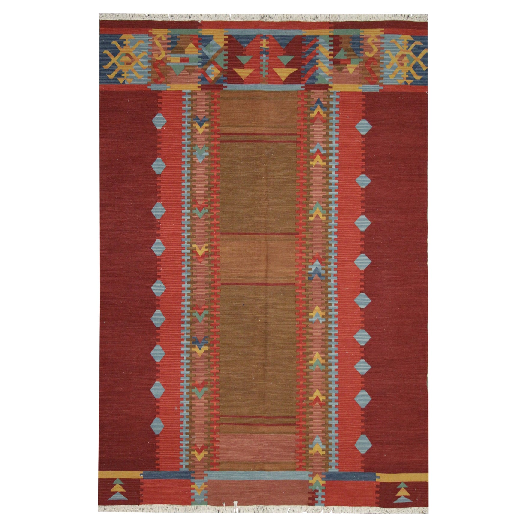 Tapis traditionnel Kilim rouge Kilims en laine tissé à plat Kelim Area Rug en vente