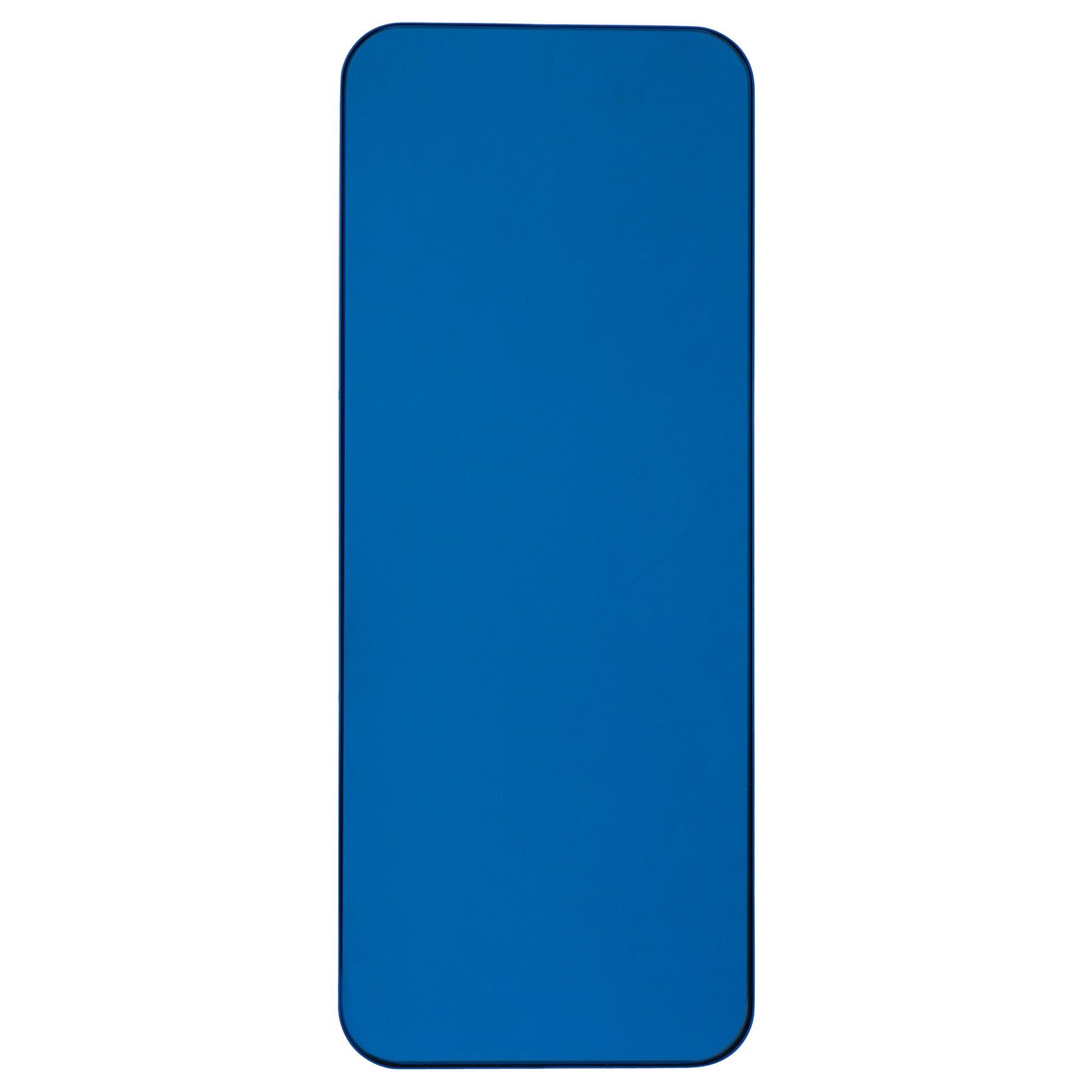 Quadris Rectangular Contemporary Blue Tinted Mirror with a Blue Frame, Large For Sale