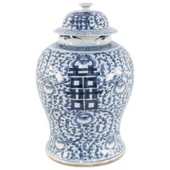 Pot à gingembre chinois en porcelaine à couvercle en forme de vigne blanc cassé et bleu