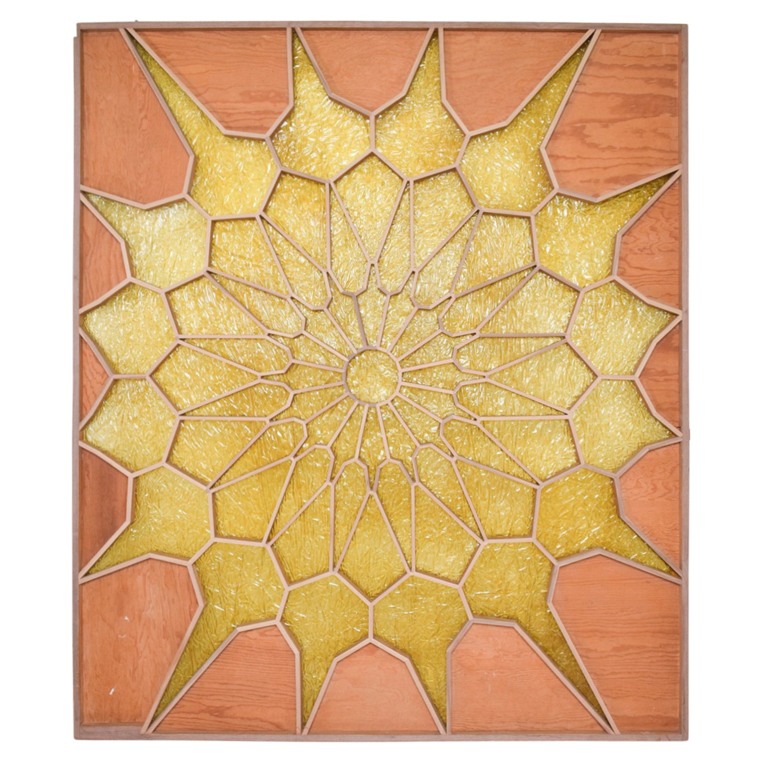 1960s Golden Flower Sunburst Room Divider Screen Wood Door Panel Modern Mexico For Sale