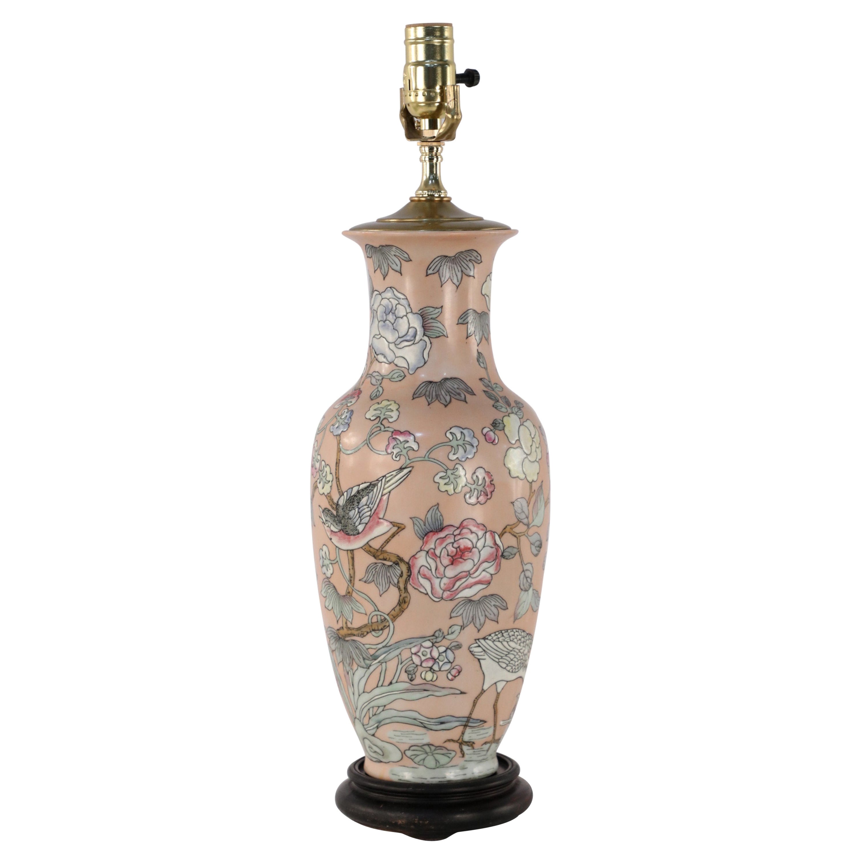 Chinese Pink Floral and Crane Design Table Lamp For Sale