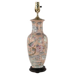 Vintage Chinese Pink Floral and Crane Design Table Lamp