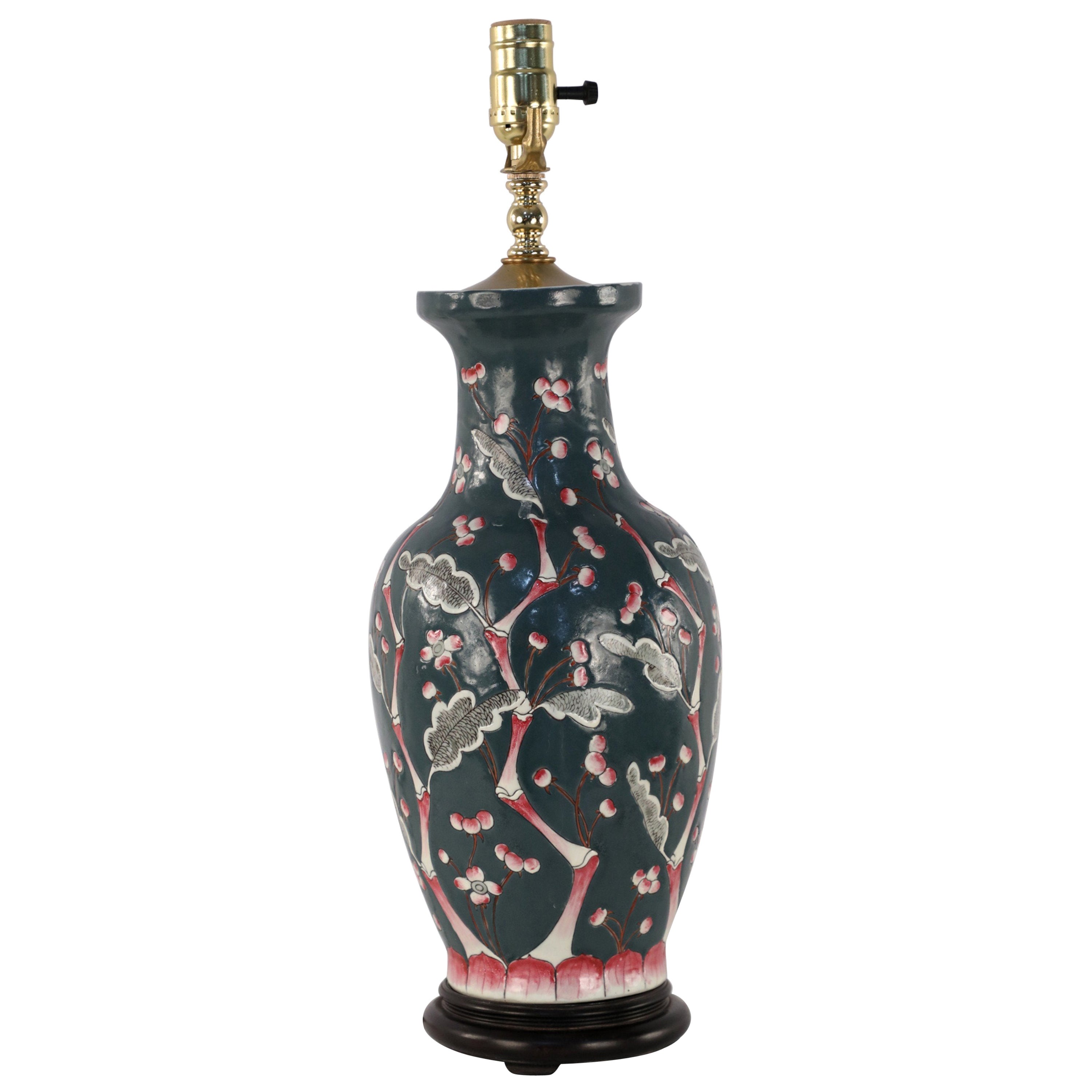 Chinese Dark Blue and Red Cherry Blossom Tree Motif Table Lamp