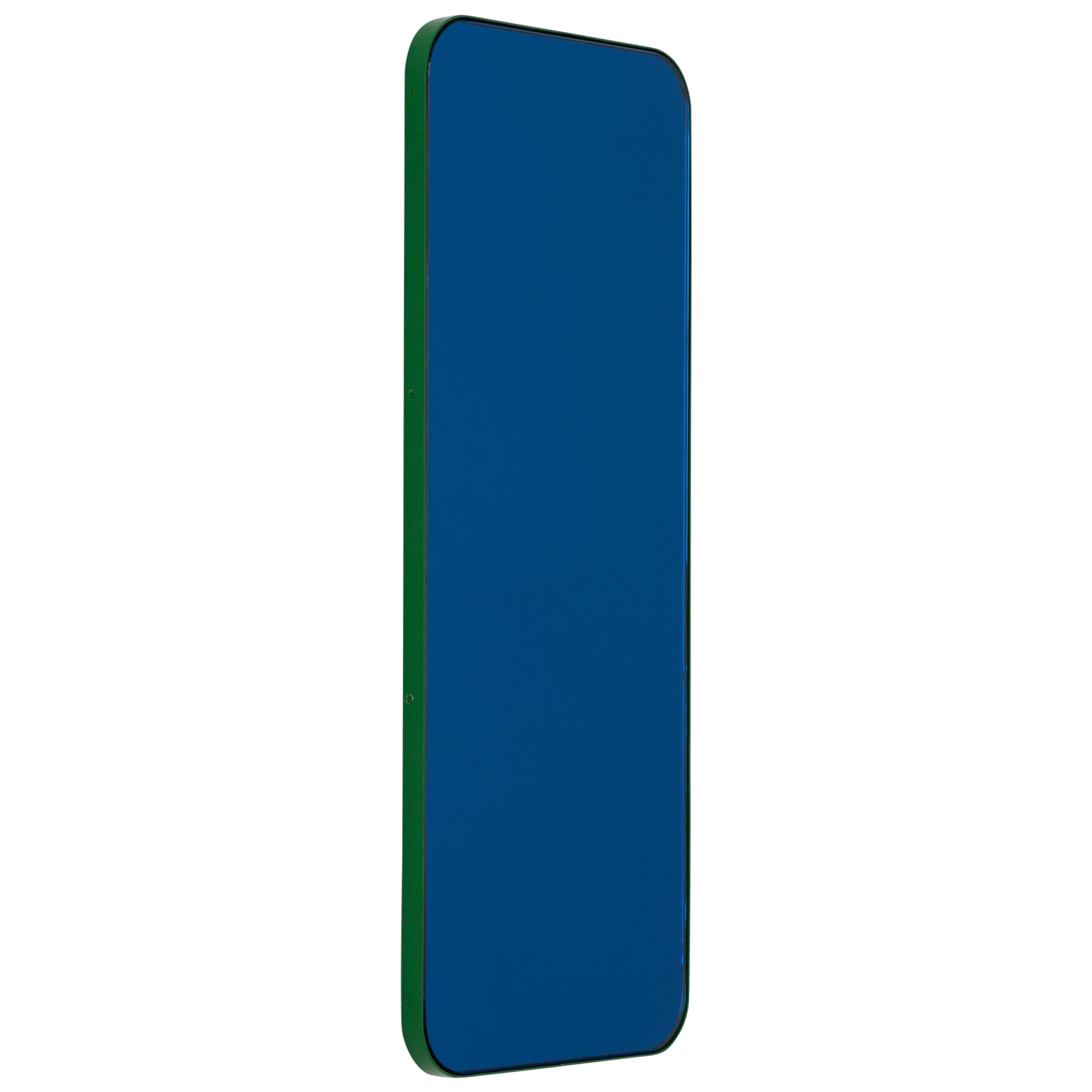 Quadris Rectangular Contemporary Blue Mirror with a Green Frame, Medium For Sale