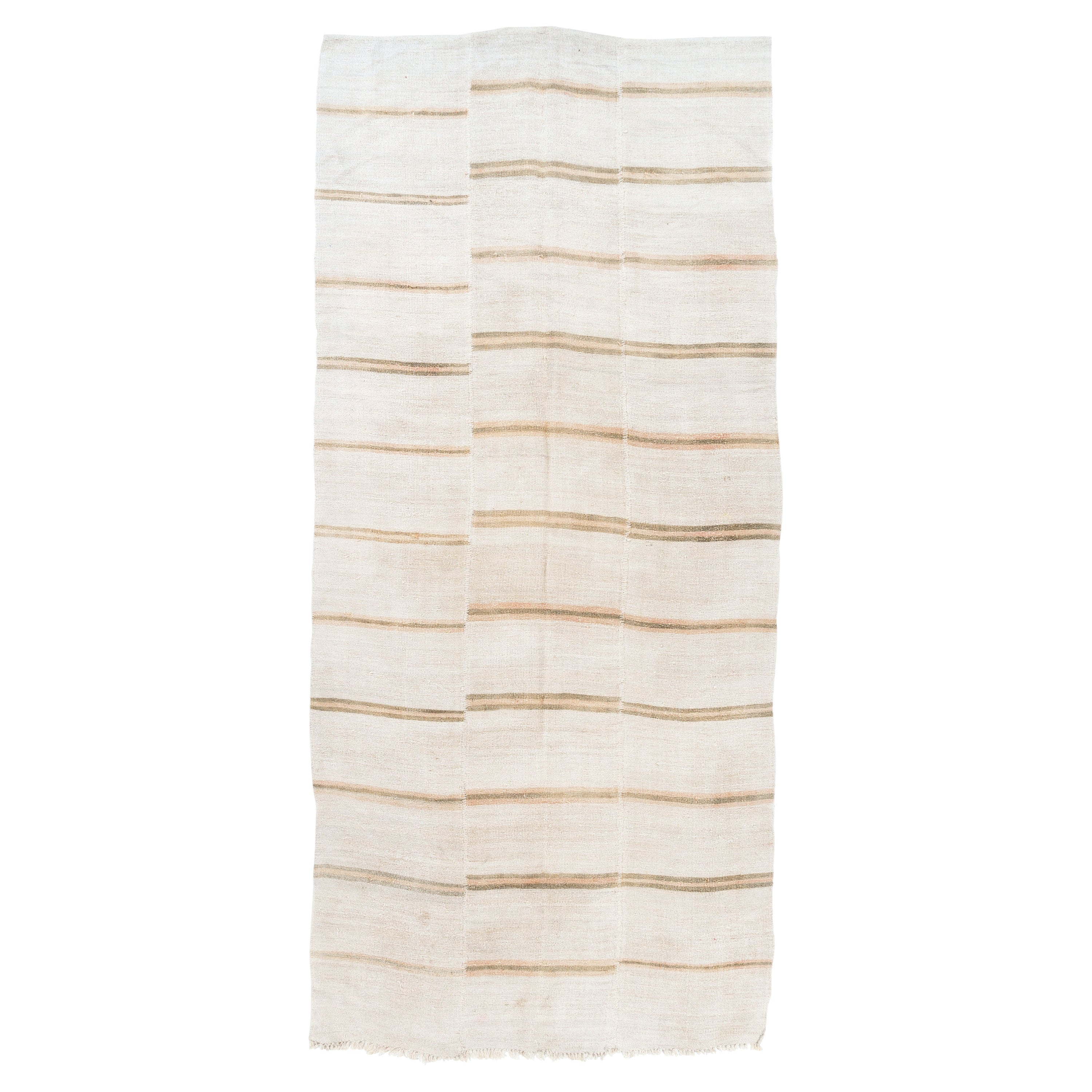 5.8x12.4 Ft Vintage Handwoven Striped Kilim Made of Hemp Flatweave Rug in Ivory For Sale