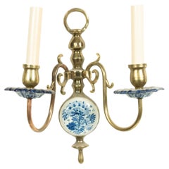 Dutch Delft Blue Porcelain and Brass Wall Sconce