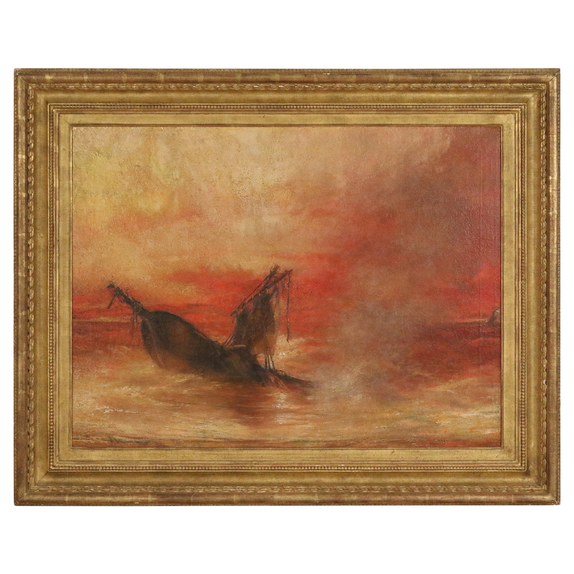 Peinture à l'huile française ancienne encadrée d'un naufrage d'un navire au coucher du soleil