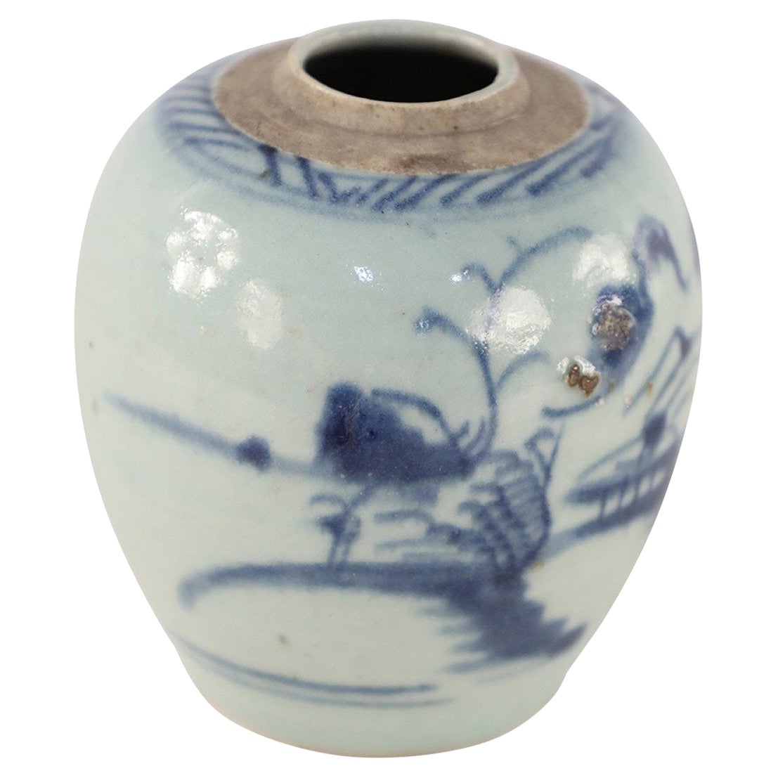 Chinese Off-White and Blue Pastoral Scene Porcelain Jar