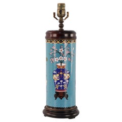 Lampe de bureau chinoise en cloisonné à motifs cylindriques sarcelle