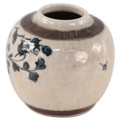 Vintage Chinese Beige and Charcoal Floral Porcelain Jar