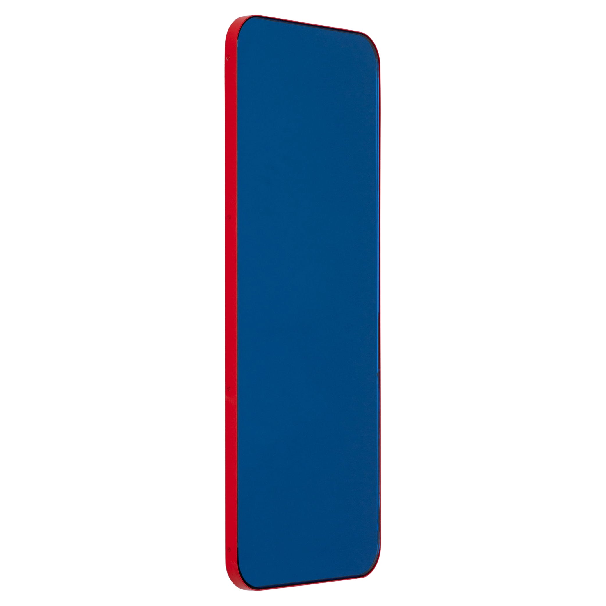 Quadris Rectangular Blue Mirror with a Modern Red Frame, Medium For Sale