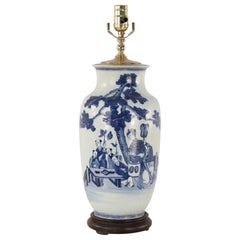 Vintage Chinese White and Blue Gaming Scene Table Lamp