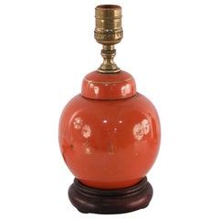 Antique Chinese Orange and Gold Crane Design Porcelain Table Lamp