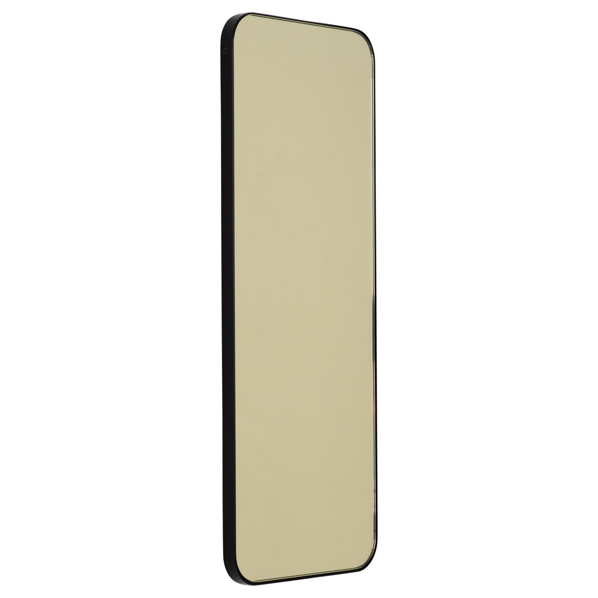 Quadris Gold Tinted Rectangular Contemporary Mirror with a Black Frame, Large For Sale