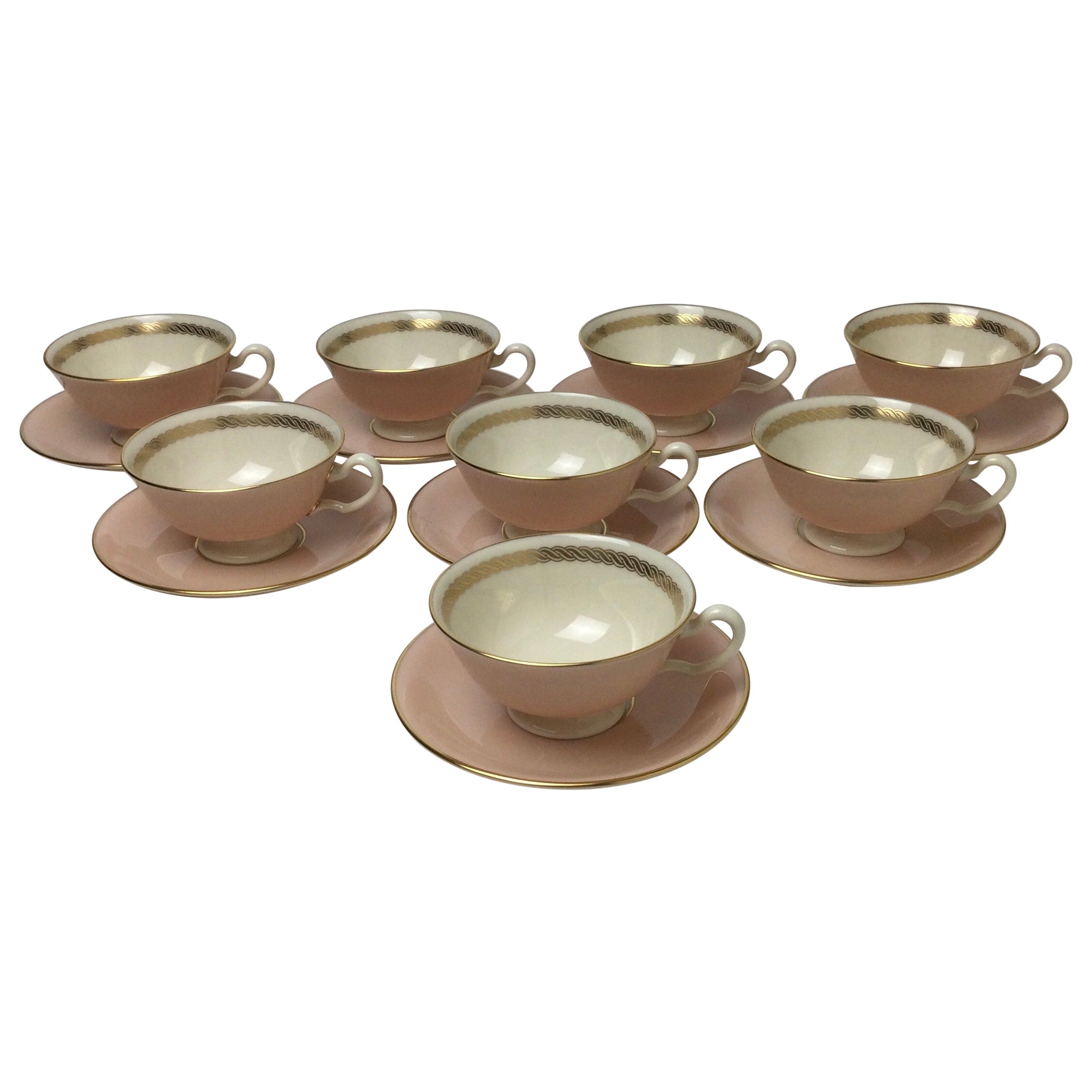 Set of 8 Lenox Caribbee Cups & Saucers with Pink and Gilt Borders