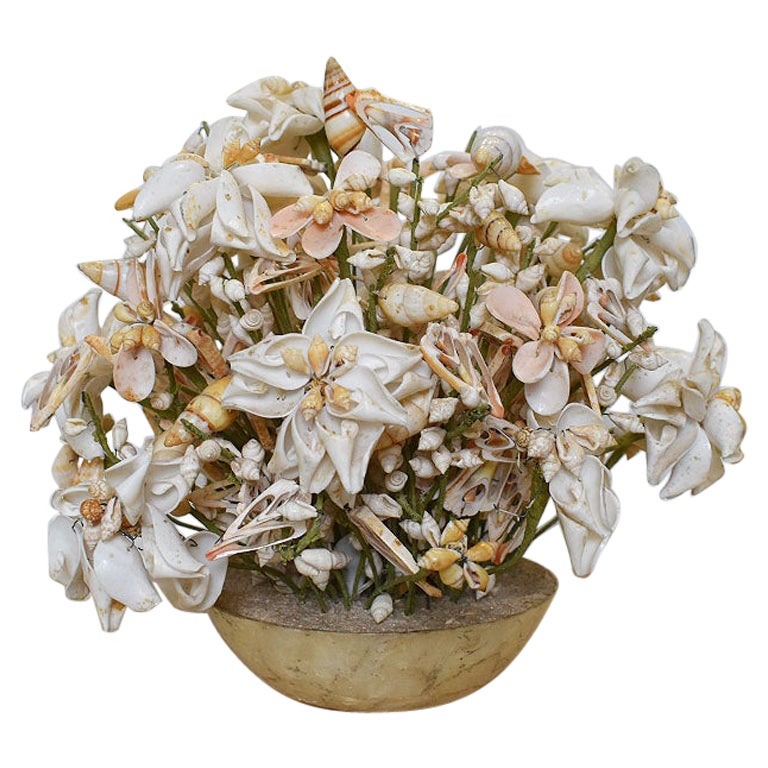 Folk Art Seashell Flower Motif Bouquet in a Stone Vessel