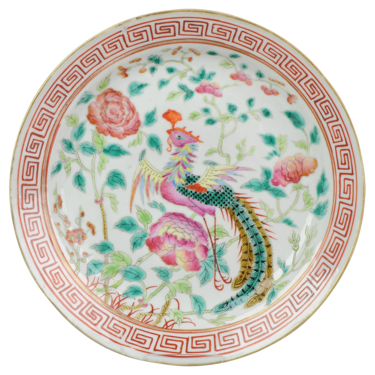 19c Perekanan Straits Nyonya Pink Famille Rose Phoenix Plate Marked