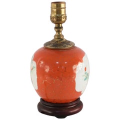 Antique Chinese Orange and White Cartouche Porcelain Table Lamp