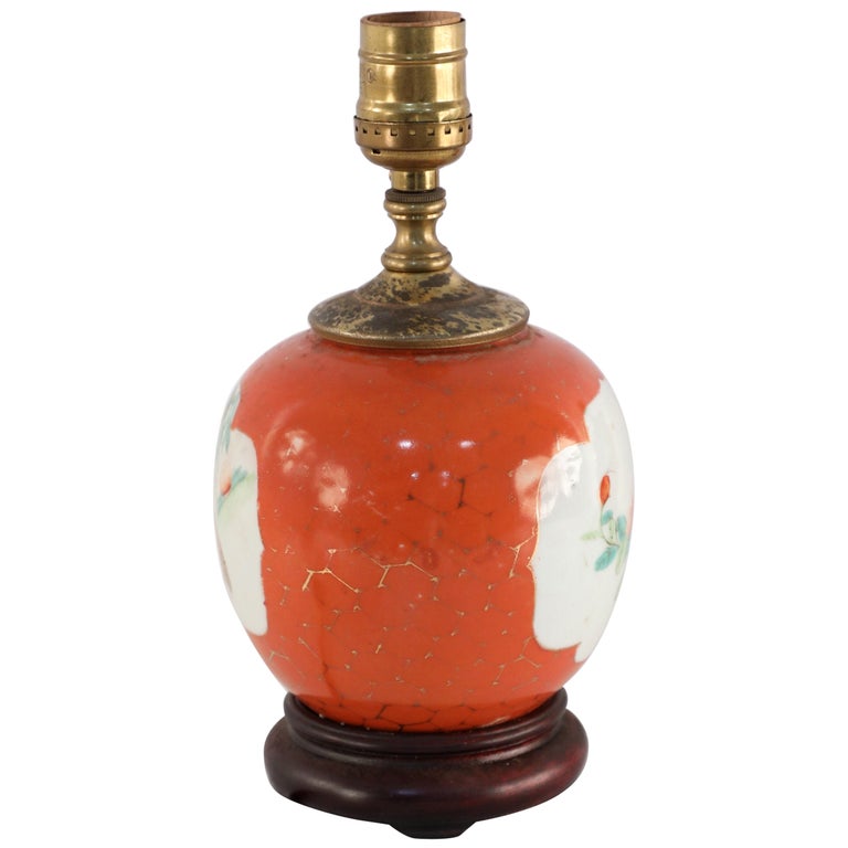 Antique Chinese Orange and White Cartouche Porcelain Table Lamp For Sale