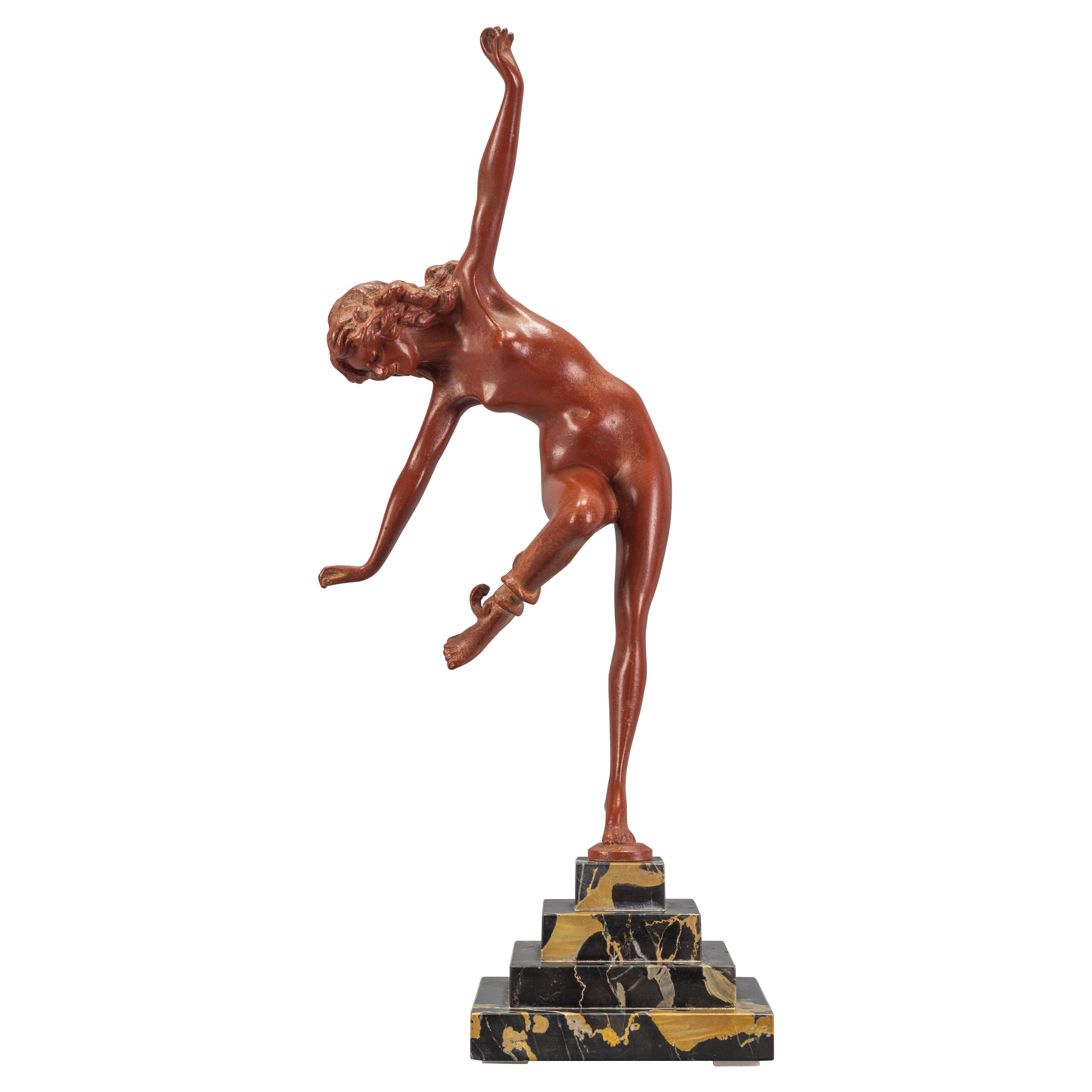 Art Deco Bronze and Marble Sculpture Nude Lady with Snake, The Snake Dancer