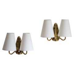 Sonja Katzin, Two-Armed Wall Lights, Brass, Fabric, for ASEA, Sweden, 1950s