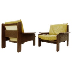 Pair of Mid-Century Wood and Leather Armchairs, Belgium, 1970s