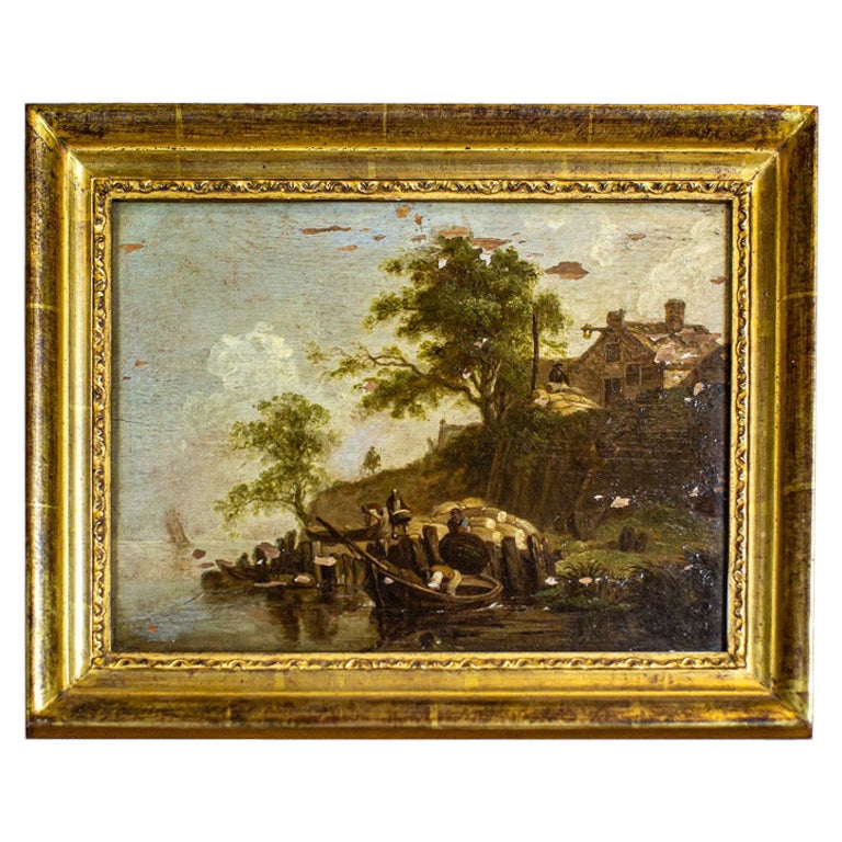 19th-Century Framed Oil Painting on Hardboard Depicting Genre Scene For Sale