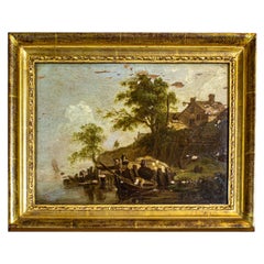 19th-Century Framed Oil Painting on Hardboard Depicting Genre Scene