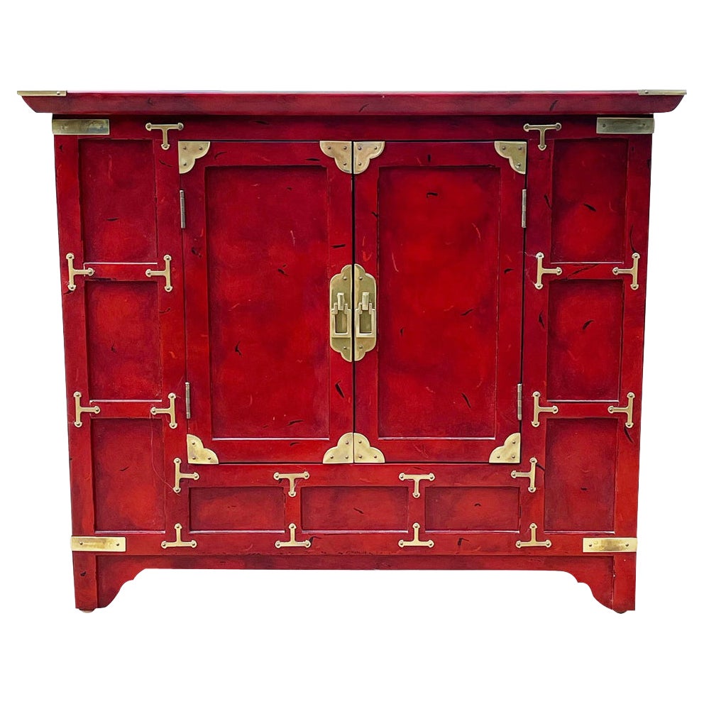 Hollywood Regency Red & Brass Asian Chinoiserie Small Cabinet or End Table