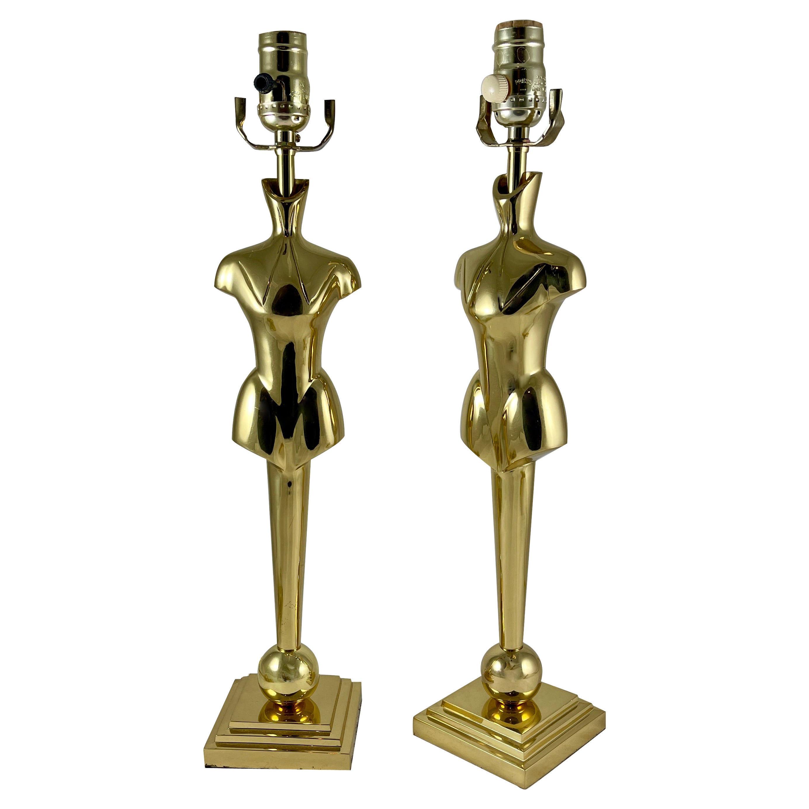 French Mid-Century Tall Brass Gentlemans' Clothier Mannequin Torso Lamps, a Pair