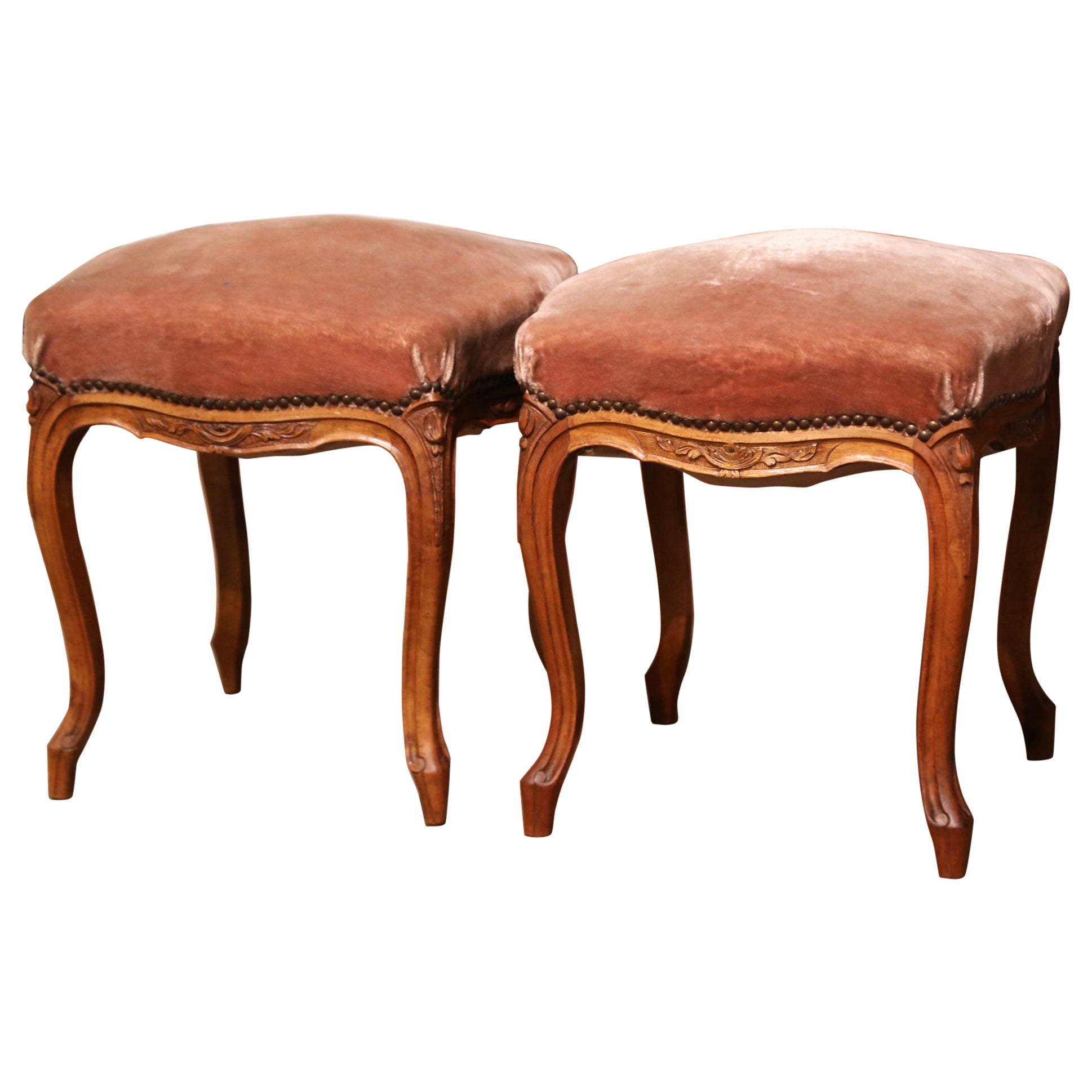 Pair of Early 20th Century French Louis XV Carved Walnut and Velvet Stools