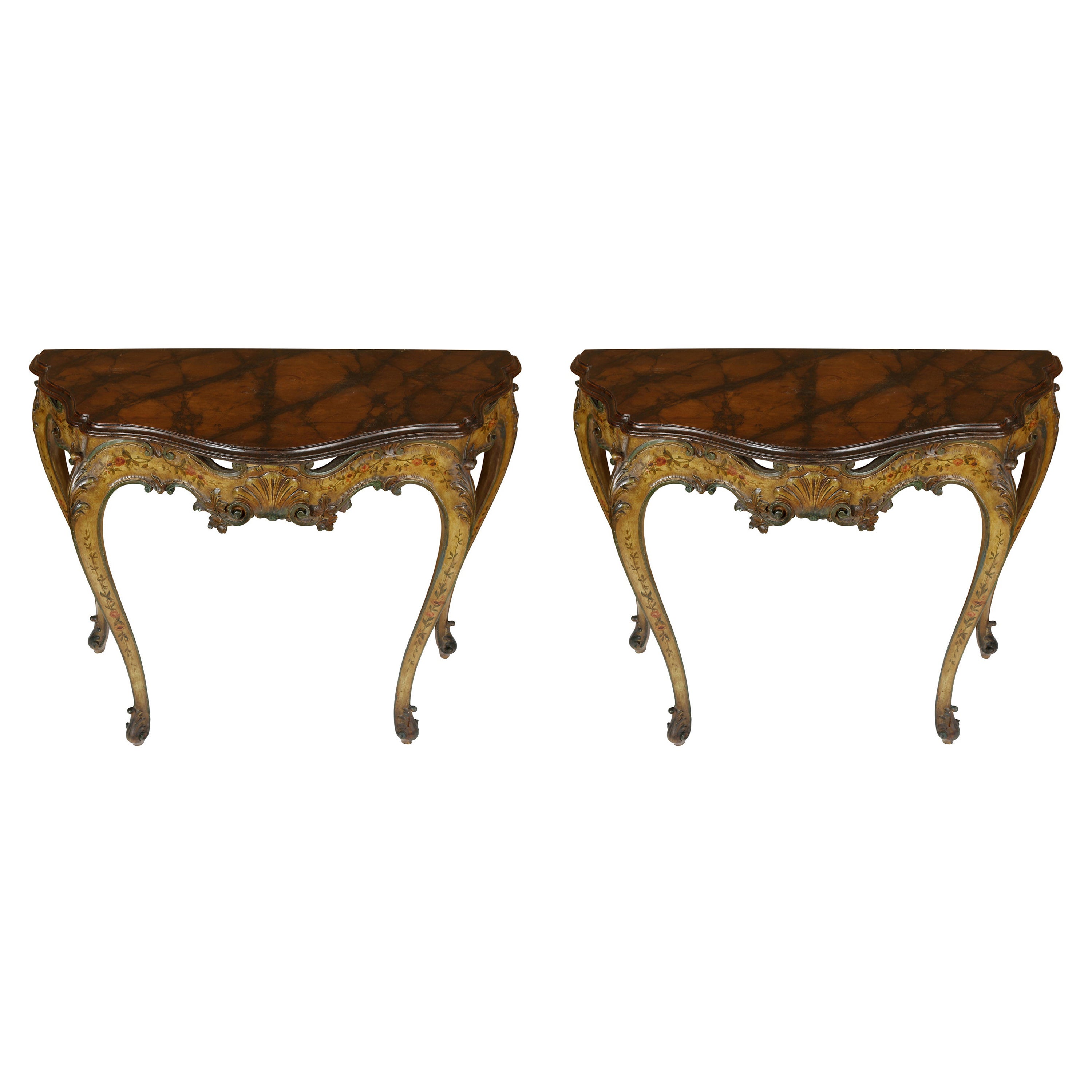Pair of Italian Rococo Shaped and Carved Demilune Console Tables