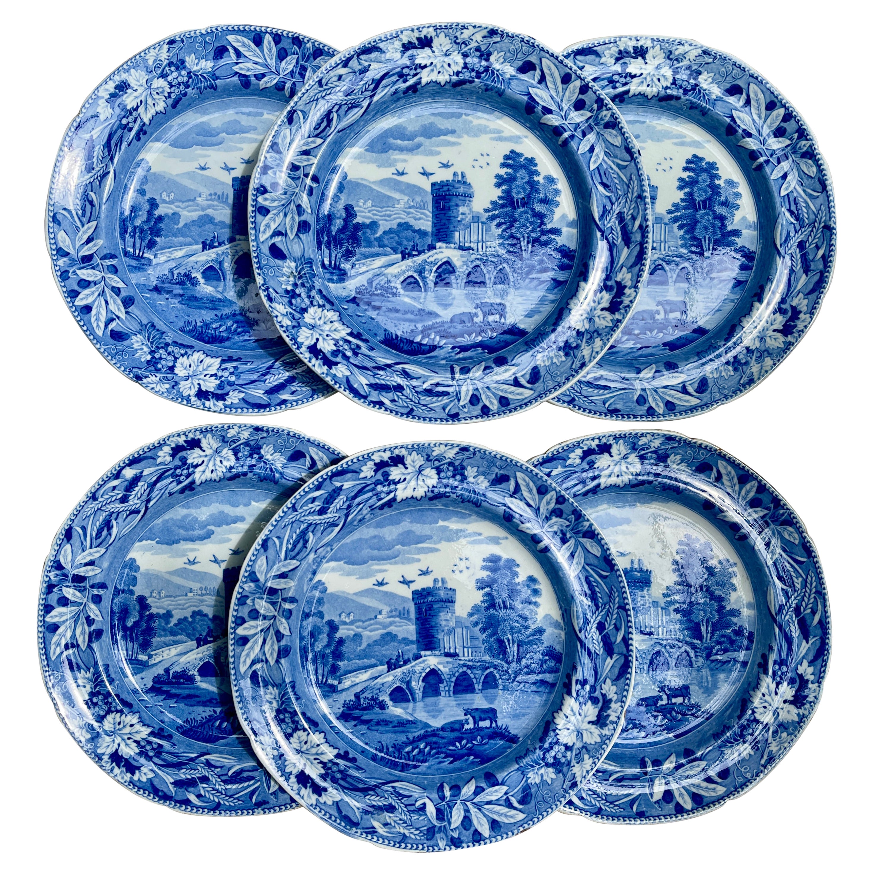 Josiah Spode 'Bridge of Lucano' Blue Transferware Dinner Plates Circa 1820 Set/6 For Sale