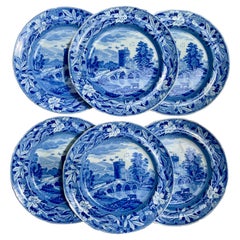 Josiah Spode 'Bridge of Lucano' Blue Transferware Dinner Plates Circa 1820 Set/6
