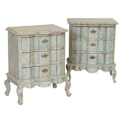 Pair, Antique Swedish Blue Painted Chest of Drawers Nightstands
