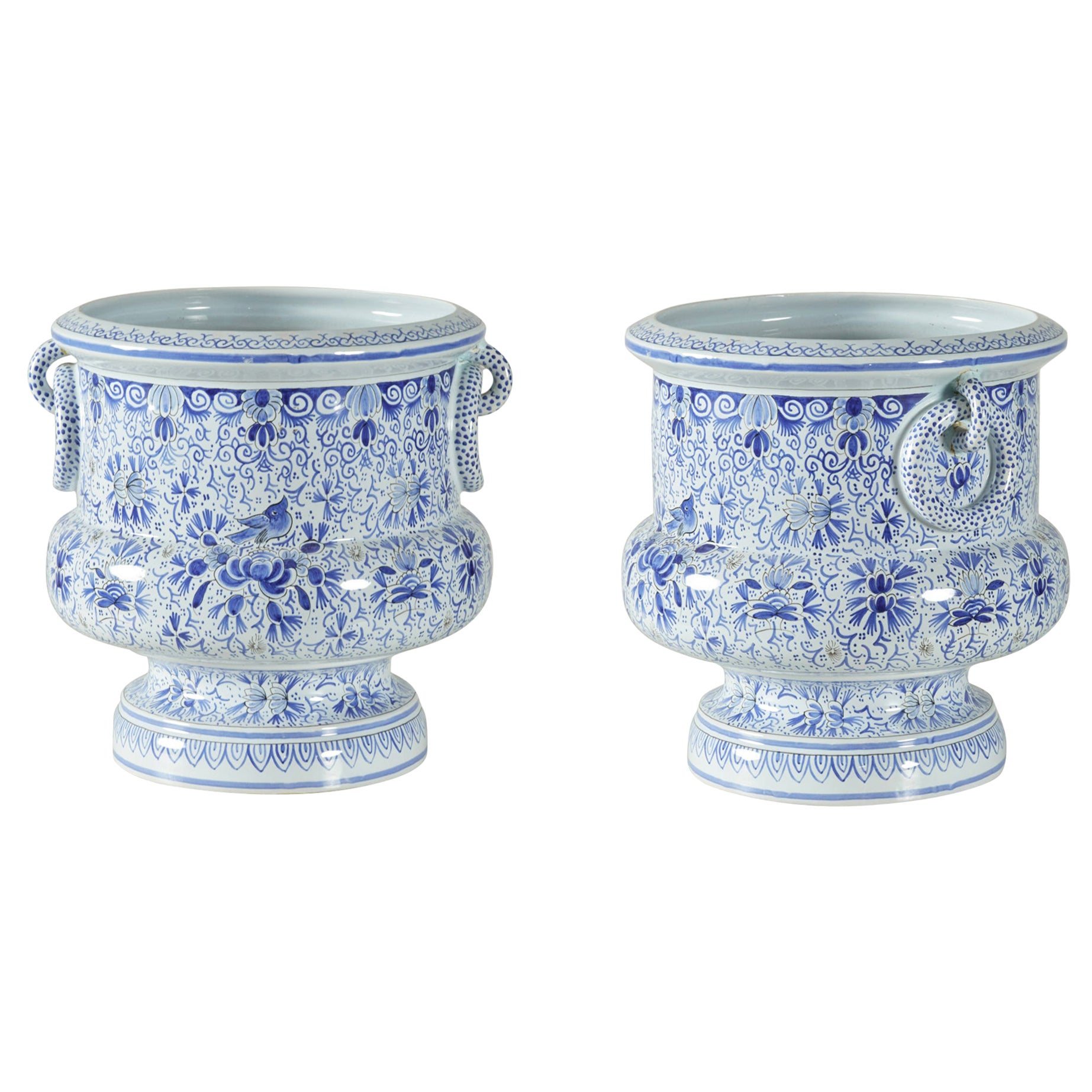 Tiffany & Co. French Mid-Century Blue and White Floral Porcelain Cachepots /Urns