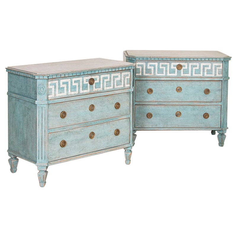 Antique Pair of Gustavian Chest of Drawers Nightstands Painted Blue with White A