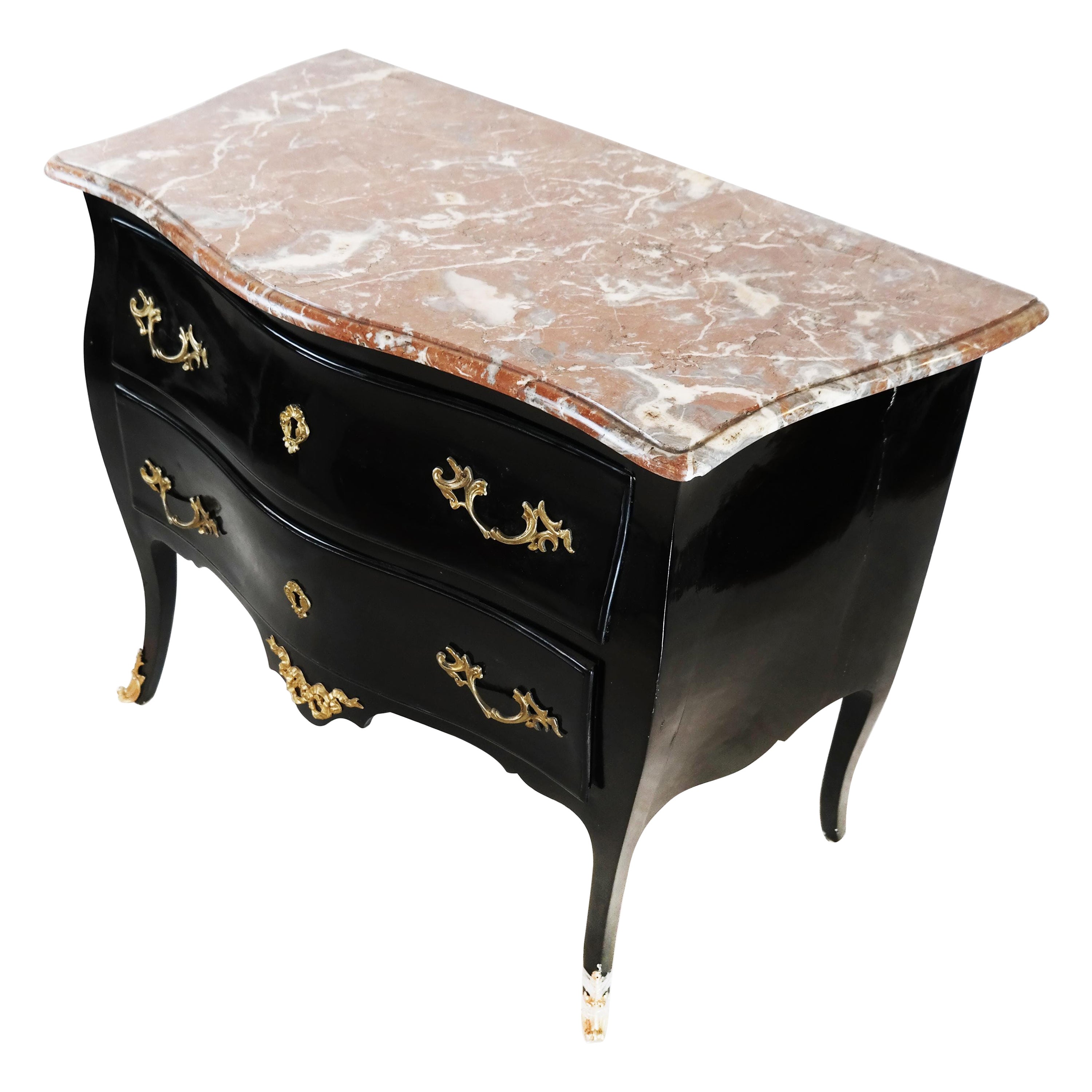 Black Lacquered French Bombe Commode with Marble Top